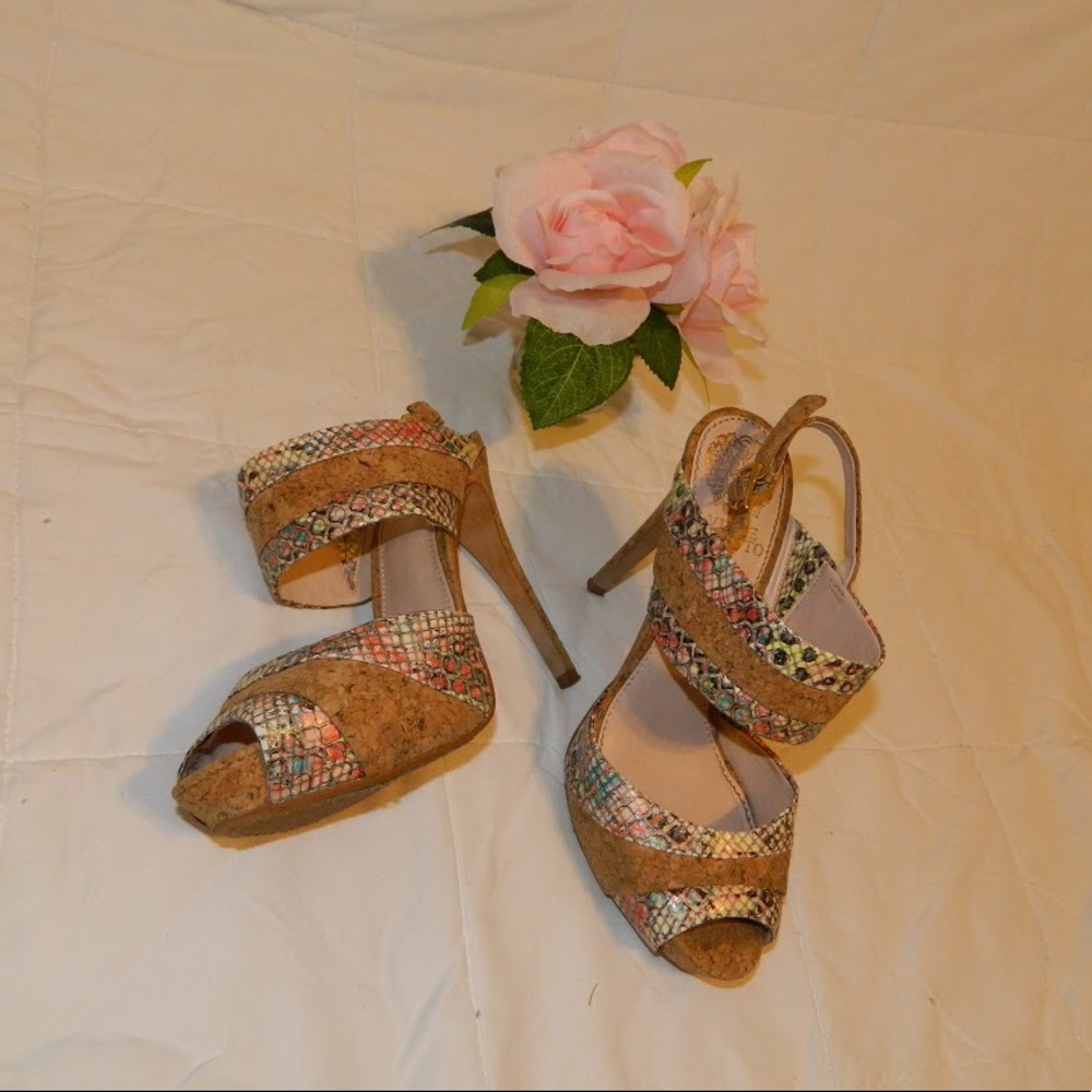 Vince Camuto Cork Snake Print Heels